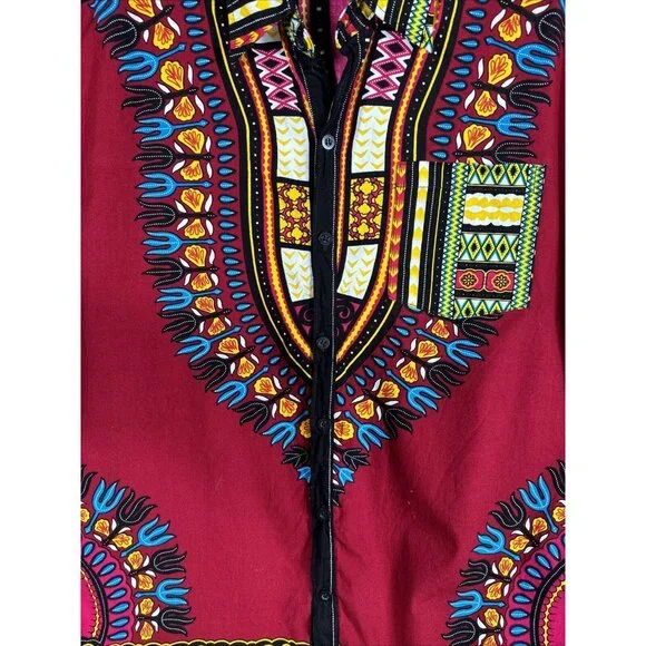 African Fabrics Floral Red Yellow Blue Indigo Stylish Top Blouse Women 2 X-Large - Picture 7 of 15